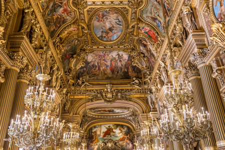 PARIS, FRANCE, MARCH 14, 2017 : interiors, frescoes and architectural details of the palais Garnier, Opera of Paris, march 14, 2017 in Paris, France.のeditorial素材