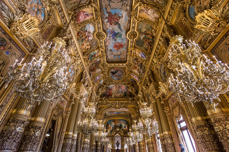 PARIS, FRANCE, MARCH 14, 2017 : interiors, frescoes and architectural details of the palais Garnier, Opera of Paris, march 14, 2017 in Paris, France.のeditorial素材
