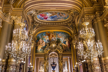 PARIS, FRANCE, MARCH 14, 2017 : interiors, frescoes and architectural details of the palais Garnier, Opera of Paris, march 14, 2017 in Paris, France.のeditorial素材