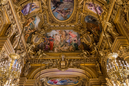 PARIS, FRANCE, MARCH 14, 2017 : interiors, frescoes and architectural details of the palais Garnier, Opera of Paris, march 14, 2017 in Paris, France.のeditorial素材