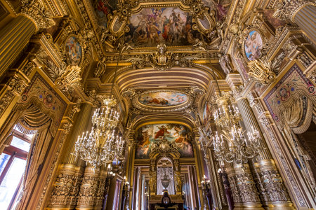 PARIS, FRANCE, MARCH 14, 2017 : interiors, frescoes and architectural details of the palais Garnier, Opera of Paris, march 14, 2017 in Paris, France.のeditorial素材