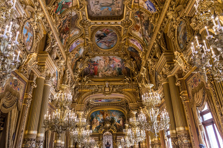 PARIS, FRANCE, MARCH 14, 2017 : interiors, frescoes and architectural details of the palais Garnier, Opera of Paris, march 14, 2017 in Paris, France.のeditorial素材