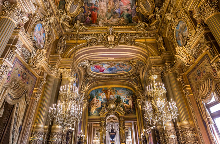 PARIS, FRANCE, MARCH 14, 2017 : interiors, frescoes and architectural details of the palais Garnier, Opera of Paris, march 14, 2017 in Paris, France.のeditorial素材
