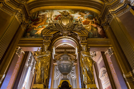 PARIS, FRANCE, MARCH 14, 2017 : interiors, frescoes and architectural details of the palais Garnier, Opera of Paris, march 14, 2017 in Paris, France.のeditorial素材