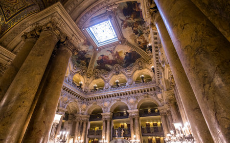 PARIS, FRANCE, MARCH 14, 2017 : interiors, frescoes and architectural details of the palais Garnier, Opera of Paris, march 14, 2017 in Paris, France.のeditorial素材