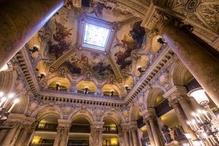 PARIS, FRANCE, MARCH 14, 2017 : interiors, frescoes and architectural details of the palais Garnier, Opera of Paris, march 14, 2017 in Paris, France.のeditorial素材