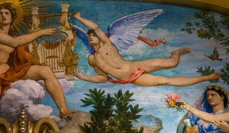 PARIS, FRANCE, MARCH 14, 2017 : interiors, frescoes and architectural details of the palais Garnier, Opera of Paris, march 14, 2017 in Paris, France.のeditorial素材