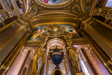 PARIS, FRANCE, MARCH 14, 2017 : interiors, frescoes and architectural details of the palais Garnier, Opera of Paris, march 14, 2017 in Paris, France.のeditorial素材