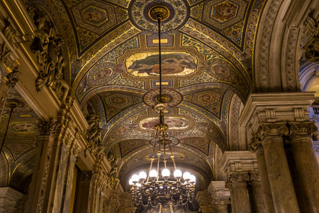 PARIS, FRANCE, MARCH 14, 2017 : interiors, frescoes and architectural details of the palais Garnier, Opera of Paris, march 14, 2017 in Paris, France.のeditorial素材