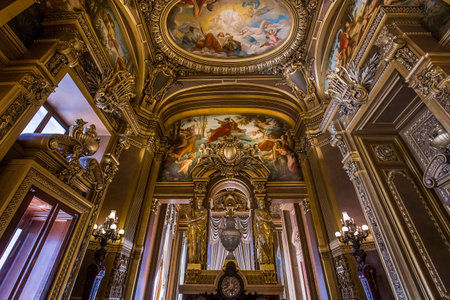 PARIS, FRANCE, MARCH 14, 2017 : interiors, frescoes and architectural details of the palais Garnier, Opera of Paris, march 14, 2017 in Paris, France.のeditorial素材