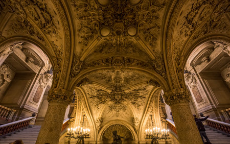 PARIS, FRANCE, MARCH 14, 2017 : interiors, frescoes and architectural details of the palais Garnier, Opera of Paris, march 14, 2017 in Paris, France.のeditorial素材