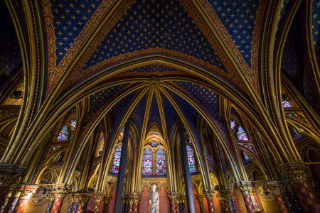 PARIS, FRANCE, MARCH 16, 2017 : Interiors and architectural details of the Sainte Chapelle church, built in 1239, march 16, 2017 in Paris, France.のeditorial素材