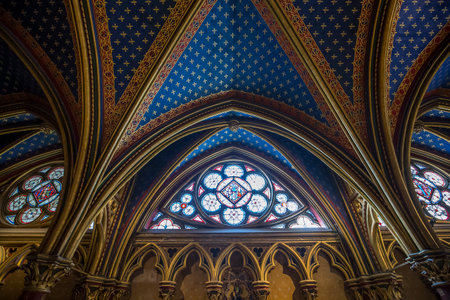 PARIS, FRANCE, MARCH 16, 2017 : Interiors and architectural details of the Sainte Chapelle church, built in 1239, march 16, 2017 in Paris, France.のeditorial素材