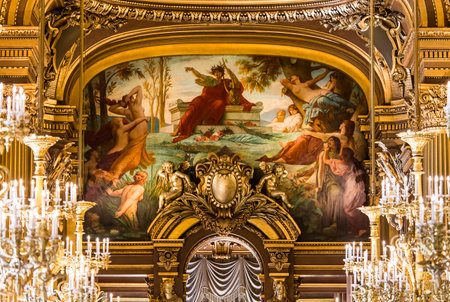 PARIS, FRANCE, MARCH 14, 2017 : interiors, frescoes and architectural details of the palais Garnier, Opera of Paris, march 14, 2017 in Paris, France.のeditorial素材