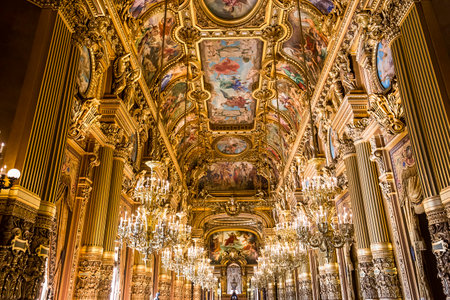 PARIS, FRANCE, MARCH 14, 2017 : interiors, frescoes and architectural details of the palais Garnier, Opera of Paris, march 14, 2017 in Paris, France.のeditorial素材