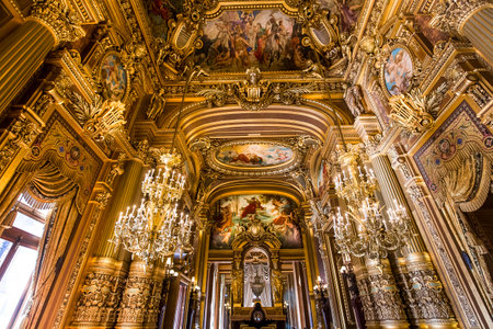 PARIS, FRANCE, MARCH 14, 2017 : interiors, frescoes and architectural details of the palais Garnier, Opera of Paris, march 14, 2017 in Paris, France.のeditorial素材