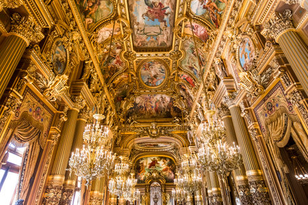 PARIS, FRANCE, MARCH 14, 2017 : interiors, frescoes and architectural details of the palais Garnier, Opera of Paris, march 14, 2017 in Paris, France.のeditorial素材