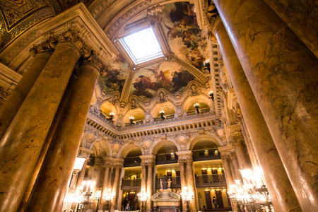 PARIS, FRANCE, MARCH 14, 2017 : interiors, frescoes and architectural details of the palais Garnier, Opera of Paris, march 14, 2017 in Paris, France.のeditorial素材