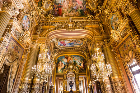 PARIS, FRANCE, MARCH 14, 2017 : interiors, frescoes and architectural details of the palais Garnier, Opera of Paris, march 14, 2017 in Paris, France.のeditorial素材