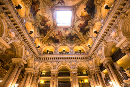 PARIS, FRANCE, MARCH 14, 2017 : interiors, frescoes and architectural details of the palais Garnier, Opera of Paris, march 14, 2017 in Paris, France.のeditorial素材