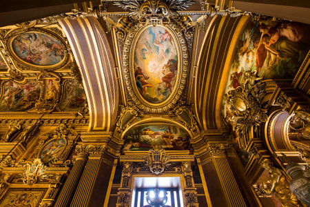 PARIS, FRANCE, MARCH 14, 2017 : interiors, frescoes and architectural details of the palais Garnier, Opera of Paris, march 14, 2017 in Paris, France.のeditorial素材