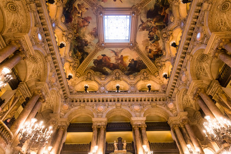 PARIS, FRANCE, MARCH 14, 2017 : interiors, frescoes and architectural details of the palais Garnier, Opera of Paris, march 14, 2017 in Paris, France.のeditorial素材