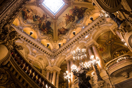 PARIS, FRANCE, MARCH 14, 2017 : interiors, frescoes and architectural details of the palais Garnier, Opera of Paris, march 14, 2017 in Paris, France.のeditorial素材