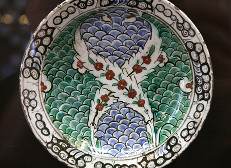 Turkish Iznik ceramic pottery dish, from Anatolia, Ottoman empire, 16th and 17th centuryの写真素材
