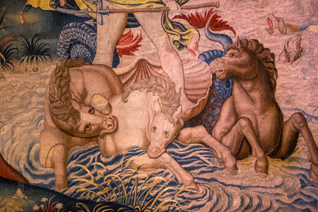 ECOUEN, FRANCE, APRIL 17,  2017 : details of a Medieval Tapestry in Ecouen castle april 17, 2017, in  Ecouen, Franceのeditorial素材