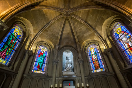 PARIS, FRANCE, APRIL 19, 2017 : interiors, stained glasses and details of notre dame de la compassion church, april 19, 2017, in  Paris, Franceのeditorial素材
