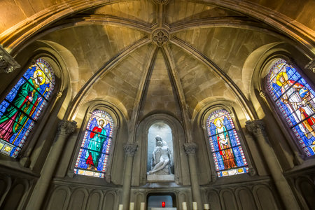 PARIS, FRANCE, APRIL 19, 2017 : interiors, stained glasses and details of notre dame de la compassion church, april 19, 2017, in  Paris, Franceのeditorial素材
