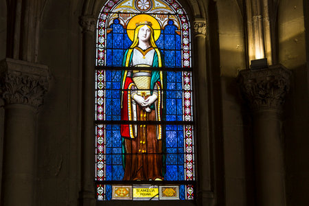 PARIS, FRANCE, APRIL 19, 2017 : interiors, stained glasses and details of notre dame de la compassion church, april 19, 2017, in  Paris, Franceのeditorial素材