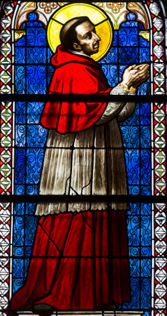 PARIS, FRANCE, APRIL 19, 2017 : interiors, stained glasses and details of notre dame de la compassion church, april 19, 2017, in  Paris, Franceのeditorial素材