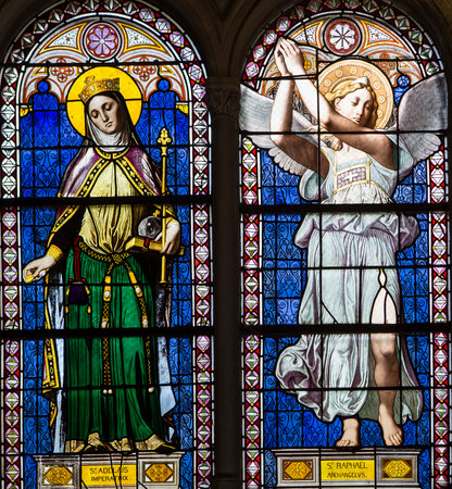 PARIS, FRANCE, APRIL 19, 2017 : interiors, stained glasses and details of notre dame de la compassion church, april 19, 2017, in  Paris, Franceのeditorial素材
