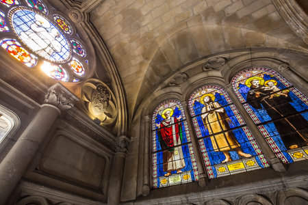PARIS, FRANCE, APRIL 19, 2017 : interiors, stained glasses and details of notre dame de la compassion church, april 19, 2017, in  Paris, Franceのeditorial素材