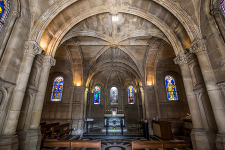 PARIS, FRANCE, APRIL 19, 2017 : interiors, stained glasses and details of notre dame de la compassion church, april 19, 2017, in  Paris, Franceのeditorial素材