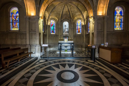 PARIS, FRANCE, APRIL 19, 2017 : interiors, stained glasses and details of notre dame de la compassion church, april 19, 2017, in  Paris, Franceのeditorial素材