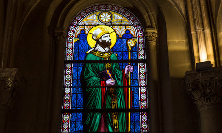 PARIS, FRANCE, APRIL 19, 2017 : interiors, stained glasses and details of notre dame de la compassion church, april 19, 2017, in  Paris, Franceのeditorial素材