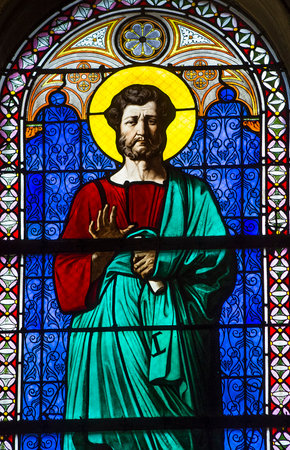 PARIS, FRANCE, APRIL 19, 2017 : interiors, stained glasses and details of notre dame de la compassion church, april 19, 2017, in  Paris, Franceのeditorial素材