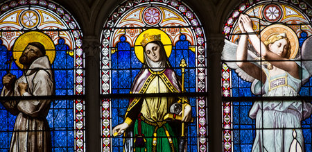 PARIS, FRANCE, APRIL 19, 2017 : interiors, stained glasses and details of notre dame de la compassion church, april 19, 2017, in  Paris, Franceのeditorial素材