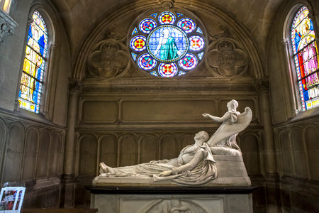 PARIS, FRANCE, APRIL 19, 2017 : interiors, stained glasses and details of notre dame de la compassion church, april 19, 2017, in  Paris, Franceのeditorial素材