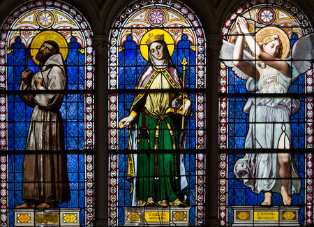PARIS, FRANCE, APRIL 19, 2017 : interiors, stained glasses and details of notre dame de la compassion church, april 19, 2017, in  Paris, Franceのeditorial素材