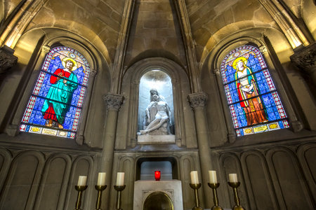 PARIS, FRANCE, APRIL 19, 2017 : interiors, stained glasses and details of notre dame de la compassion church, april 19, 2017, in  Paris, Franceのeditorial素材