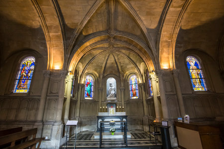 PARIS, FRANCE, APRIL 19, 2017 : interiors, stained glasses and details of notre dame de la compassion church, april 19, 2017, in  Paris, Franceのeditorial素材