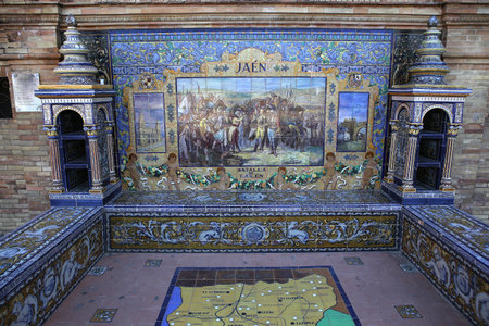 SEVILLE, ANDALUSIA, SPAIN, MAY 23, 2017 : ceramic azulejos in plaza de Espana, may 23, 2017, in Seville, andalusia, spainのeditorial素材