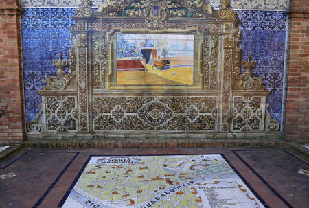 SEVILLE, ANDALUSIA, SPAIN, MAY 23, 2017 : ceramic azulejos in plaza de Espana, may 23, 2017, in Seville, andalusia, spainのeditorial素材