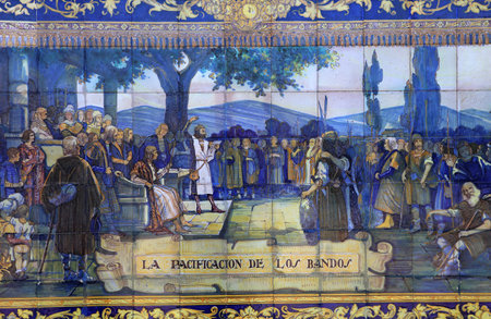 SEVILLE, ANDALUSIA, SPAIN, MAY 23, 2017 : ceramic azulejos in plaza de Espana, may 23, 2017, in Seville, andalusia, spainのeditorial素材