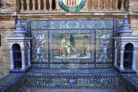 SEVILLE, ANDALUSIA, SPAIN, MAY 23, 2017 : ceramic azulejos in plaza de Espana, may 23, 2017, in Seville, andalusia, spainのeditorial素材