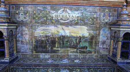 SEVILLE, ANDALUSIA, SPAIN, MAY 23, 2017 : ceramic azulejos in plaza de Espana, may 23, 2017, in Seville, andalusia, spainのeditorial素材