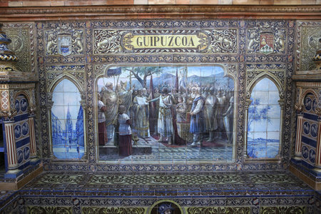 SEVILLE, ANDALUSIA, SPAIN, MAY 23, 2017 : ceramic azulejos in plaza de Espana, may 23, 2017, in Seville, andalusia, spainのeditorial素材